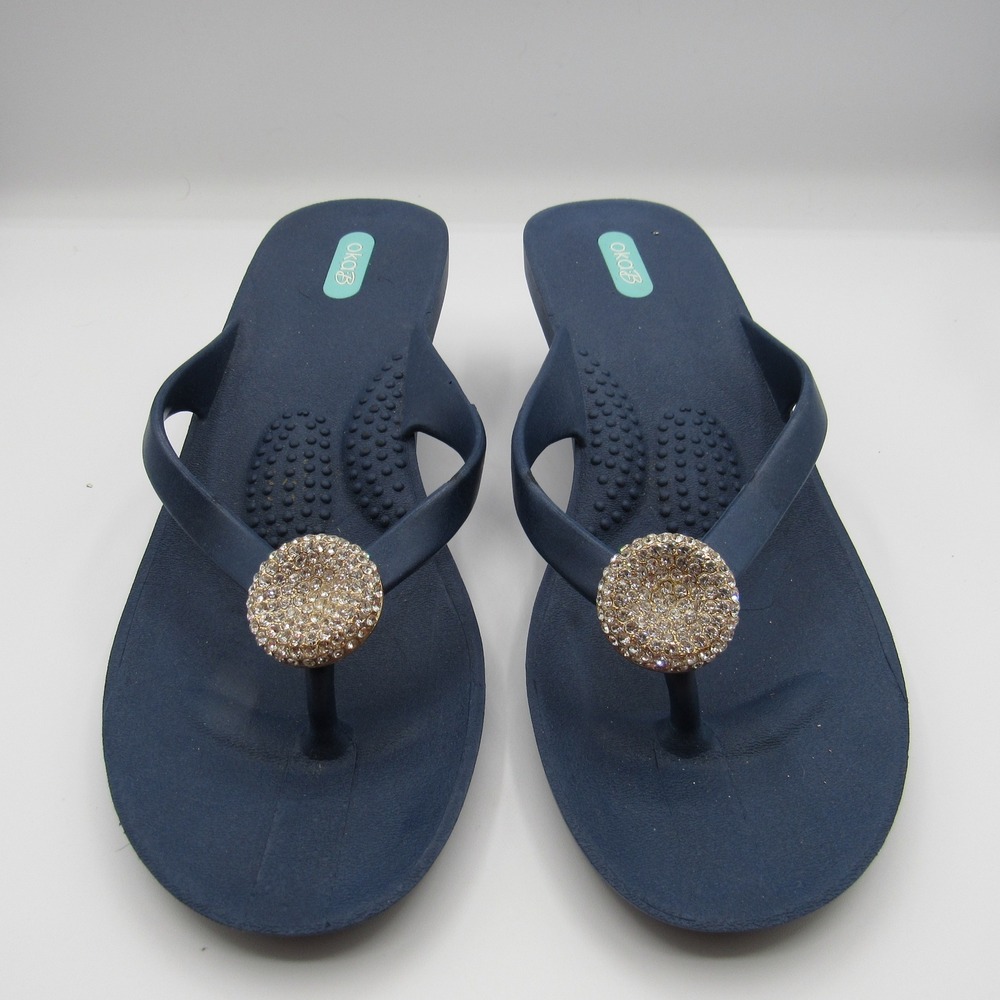 Oka-B Wedge Flip Flops Womens ML Navy Blue Rhinestone Medallion Thong